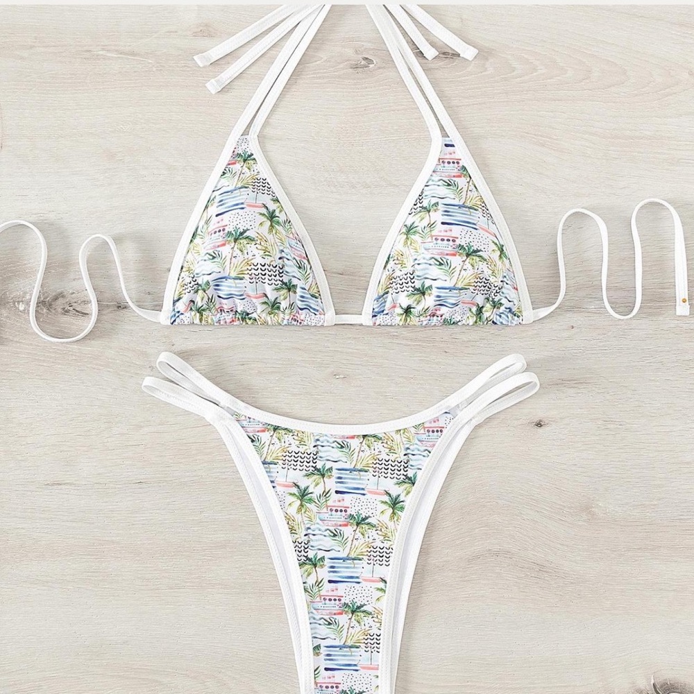 SHEIN Tropical Print Bikini - White and Green
